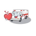 Funny Face ambulance cartoon character holding a heart