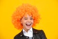 Funny face. Beautiful teenage girl in wig isolated on yellow. Funny clown wig. Royalty Free Stock Photo