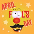 Funny face with crazy smile, red nose and a mustache. Illustration for greeting card, poster, flier, signage, blog, article or for