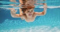 Funny face portrait of child boy swimming and diving underwater with fun in pool. Royalty Free Stock Photo