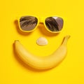 Funny face of sunglasses with reflection of palm trees, banana and seashell on yellow background Royalty Free Stock Photo