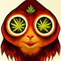 Funny muzzle tarsier. Cannabis leaves in the eyes. Cartoon tarsier monkey. AI-generated