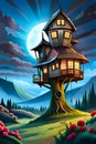 Funny fairytale treehouse at moonlit night