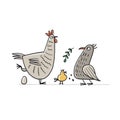 Funny Family - Chicken and Rooster characters with chick. Art isolated on white for your design Royalty Free Stock Photo