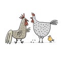 Funny Family - Chicken and Rooster characters with chick. Art isolated on white for your design Royalty Free Stock Photo