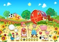 Funny farm scene with animals and farmers