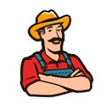 Funny farmer with hat logo. Agriculture, farm concept