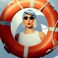 Funny fashion blonde on wall background with orange lifebuoy