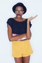 Funny, fashion and portrait of black woman with mustache in studio with hipster in white background. Silly, nerd and Royalty Free Stock Photo