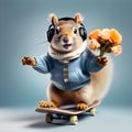 Funny fashionable squirrel, chipmunk in a denim shirt with a bouquet in his hands on a skateboard and headphones in his