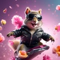 Funny fashionable squirrel, chipmunk in a leather jacket and glasses on a skateboard on a bright floral background