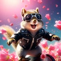 Funny fashionable squirrel, chipmunk in a leather jacket and glasses on a skateboard on a bright floral background