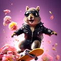 Funny fashionable squirrel, chipmunk in a leather jacket and glasses on a skateboard on a bright floral background