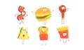 Funny Fast Food Cartoon Characters Collection, Ham Slice, Burger, Fried Chicken Drumstick, Shawarma, Sandwich, French