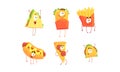 Funny Fast Food Collection, Shawarma, Sandwich, French Fries, Hot Dog, Pizza, Tako Cartoon Characters, Cafe or