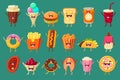 Funny fast food comic characters sett, ice cream, coffee, hot dog, pizza, french fries, toast, burger, soft drink, donut Royalty Free Stock Photo