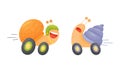 Funny fast snails set. Happy mollusk characters riding on wheels vector illustration Royalty Free Stock Photo