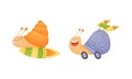 Funny fast snails set. Happy smiling mollusk characters flying rocket and riding on wheels vector illustration Royalty Free Stock Photo