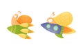 Funny fast snails set. Mollusk characters flying on rockets vector illustration Royalty Free Stock Photo