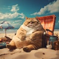 Funny fat cat resting on the beach. Retro style. Creative illustration