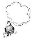 Funny fat crow sitting on a tree and speech bubble. Vector illustration black and white Royalty Free Stock Photo