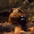 Funny fat guinea pig with photo camera in the forest. generative ai