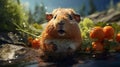 Funny fat guinea pig with a carrot in summer. generative ai