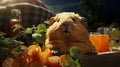 Funny fat guinea pig with a carrot in summer. generative ai