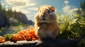 Funny fat guinea pig with a carrot in summer. generative ai