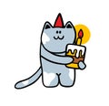 Funny fat kitten with happy birthday cake and buring candle. Vector illustration animal in red holiday cap with sweet