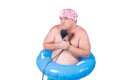 Funny fat man in the shower. Bath Royalty Free Stock Photo