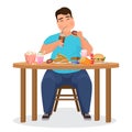 Funny fat obese man eating hamburger fast food. Vector Illustration.