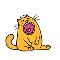 Funny fat orange cat is upset and screams meow. Vector illustration. Royalty Free Stock Photo