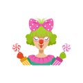 Funny female circus clown holding lollipops, avatar of cartoon friendly clown in classic outfit vector Illustration