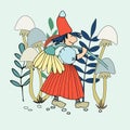 Funny female gnome with giant chamomile flower. Fairy tale elf girl in cartoon style. Vector illustration for children Royalty Free Stock Photo