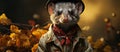 Funny ferret in hat and coat on autumn leaves background