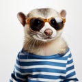 Funny Ferret In Striped T-shirt And Sunglasses