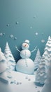 Funny figure of a snowman in winter Christmas festive landscape. Christmas sale. Holiday background. AI generative Royalty Free Stock Photo