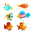 Funny Fish Character Floating and Blowing Whistle Celebrating Holiday Vector Set Royalty Free Stock Photo