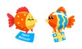 Funny Fish Character Floating with Gift Box Celebrating Holiday Vector Set Royalty Free Stock Photo