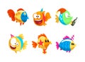 Funny Fish Character Floating with Gift Box Celebrating Holiday Vector Set Royalty Free Stock Photo