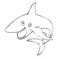 Funny fish shark smiling jumps out of the water, linear hand drawing, cartoon character, vector black and white illustration, colo Royalty Free Stock Photo