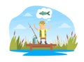 Funny Fisherman Character Standing on Wooden Pier and Dreaming to Catch Big Fish Cartoon Vector Illustration Royalty Free Stock Photo