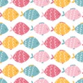 Funny fishes seamless pattern. Vector colorful characters in hand-drawn cartoon scandinavian style. Ideal for baby Royalty Free Stock Photo