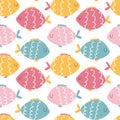 Funny fishes seamless pattern. Vector colorful characters in hand-drawn cartoon scandinavian style. Ideal for baby Royalty Free Stock Photo