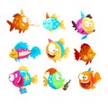 Funny fishes set, little colorful sea creatures characters, marine theme design elements can be used for kids party