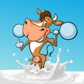 Funny fitness strong cow cartoon standing in milk splash - vector