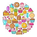 Circle from the funny sweets, fruit and ice cream. Donuts, cupcakes, cakes and cookies Royalty Free Stock Photo