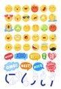 Funny flat style emoji emoticon anime reactions color icons set vector illustration isolated on white. Booble talk hello