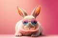 Funny fluffy bunny in sunglasses on a pink background. Cute rabbit with long ears looks at the camera through fancy colorful